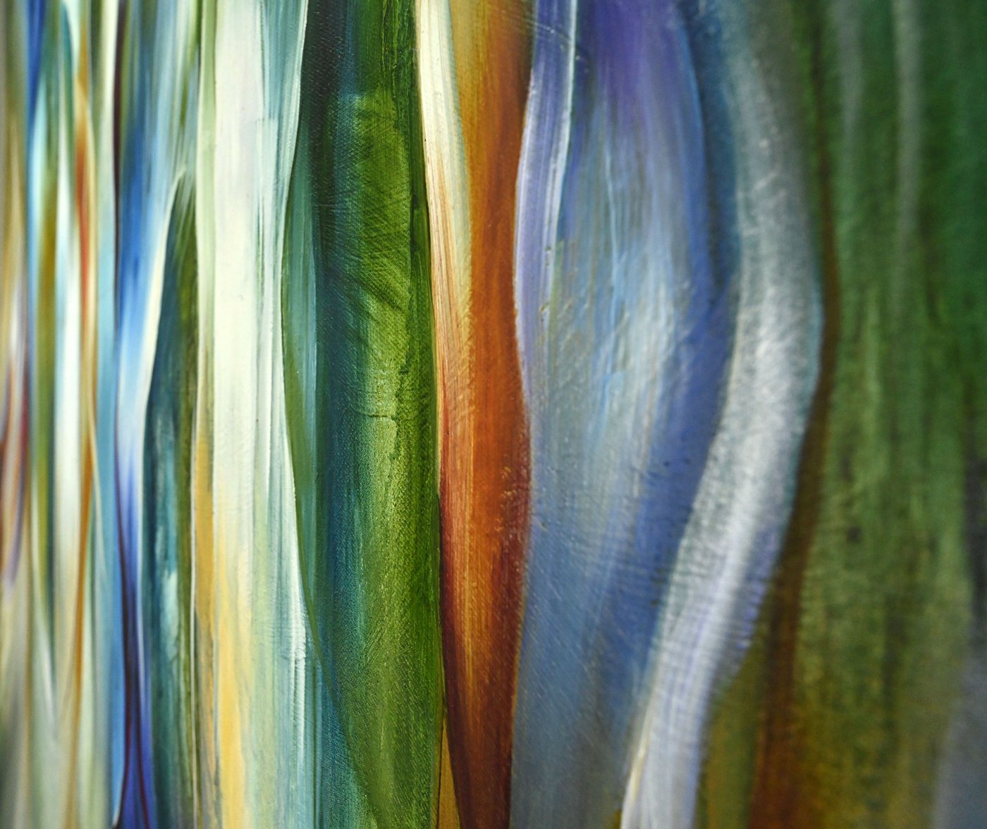 An abstract painting in vertical bands of green, blue and amber.